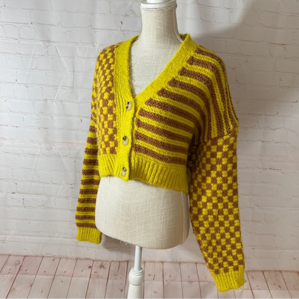 Zara Sweater Cardigan Yellow Brown Orange Crop Oversized Fluffy Wool Blend S